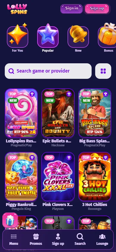 Lolly Spins Casino mobile browser games screen with casino titles