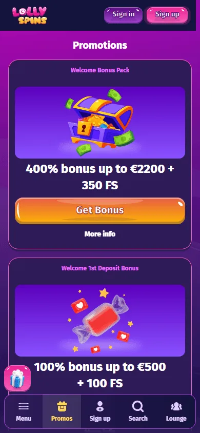 Lolly Spins Casino mobile browser promotions screen with bonus offers