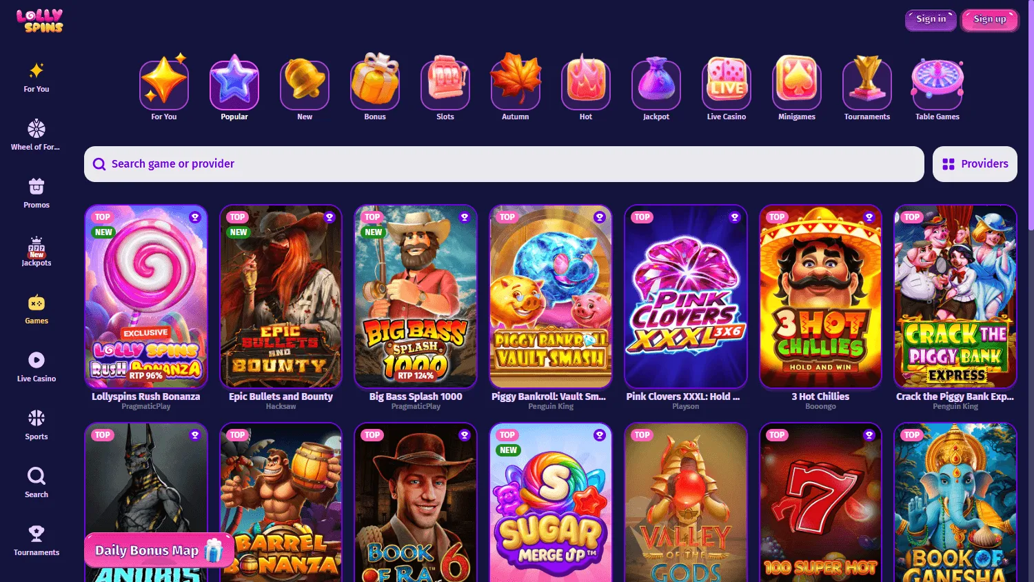 Lolly Spins Casino desktop games screen with pokies and casino game categories