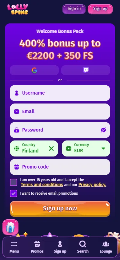 Lolly Spins Casino mobile browser home screen on a smartphone