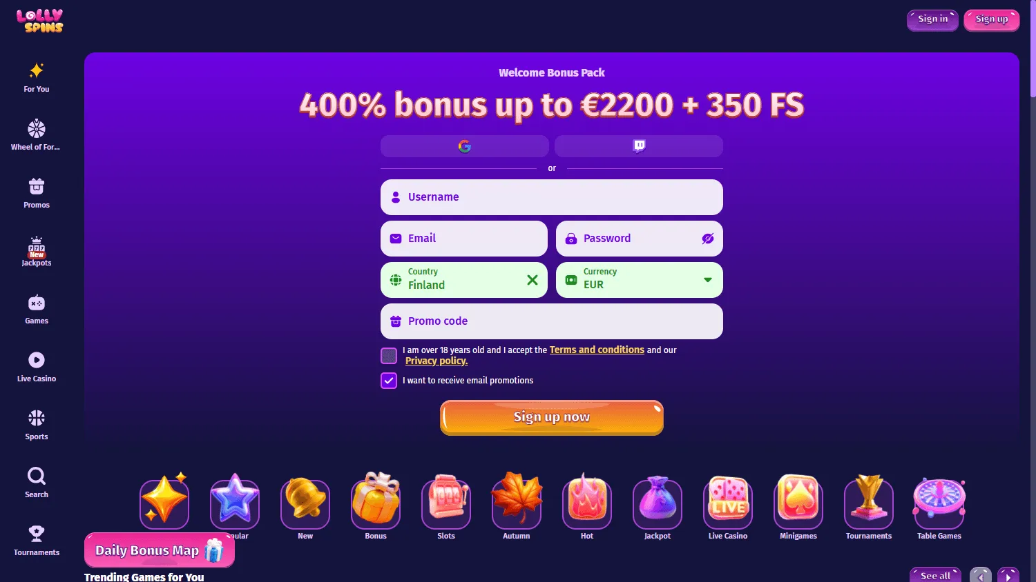 Lolly Spins Casino desktop home screen with casino offers and game categories