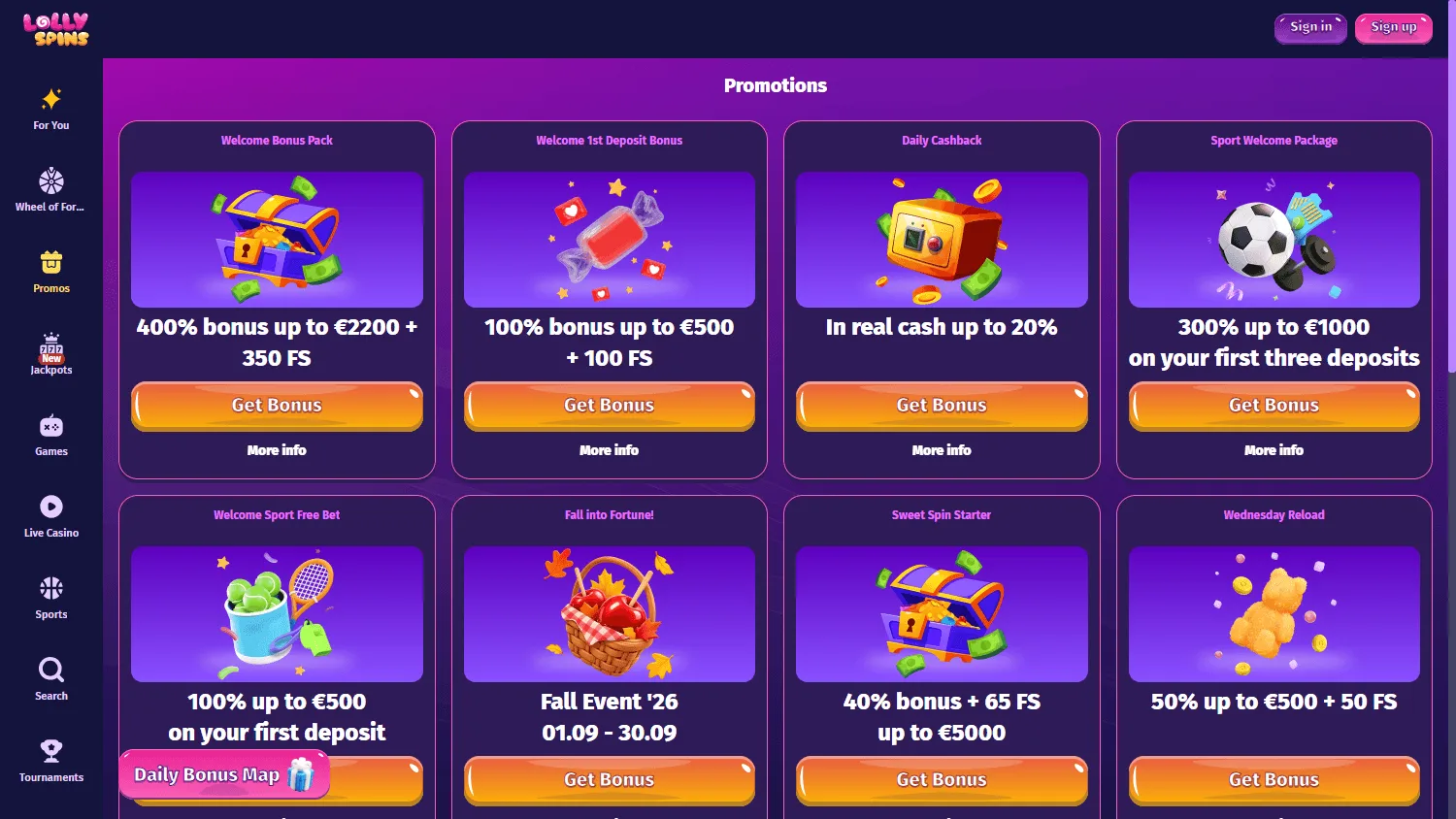 Lolly Spins Casino desktop promotions screen with bonuses and tournament offers